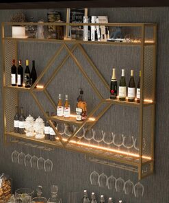 Étagère à vin avec lumières LED – Support mural en métal pour verres à vin et bouteilles d'alcool – Étagère flottante moderne pour bar, cuisine ou salon