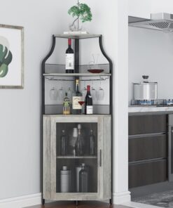 Garvee Armoire à vin d'angle en Bois avec 2 Supports en Verre, Armoire Bar d'angle avec Portes en Maille métallique et 4 étages - avec Plan de Travail - Meuble de Bar pour entrée, Salon, Cuisine