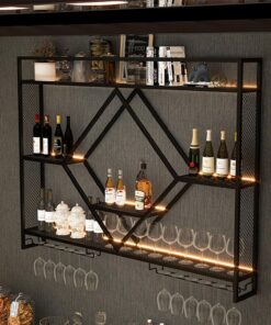 Casier à vin Mural Moderne en métal avec lumière LED et Support en Verre - Étagères flottantes pour Bar pour Boissons alcoolisées dans Les Bars et la Cuisine à Domicile.