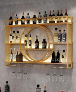 Étagère à vin Murale en métal avec éclairage LED et Support pour Verres à vin, dorée, 1,2 m, élégante étagère à vin en Fer pour Bouteilles d'alcool, étagères de Bar pour Cuisine et Salon