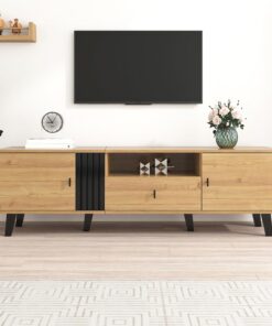 XJBTBA Élégance stylée : Meuble TV 170 cm en Bois Noir, Meuble TV, Meuble Bas avec tiroirs, Fonctions de Rangement polyvalentes Apparence Unique.
