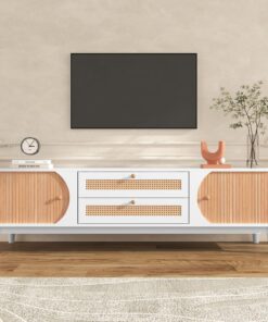 Meuble TV en rotin avec portes en bois massif, surface robuste et facile à nettoyer, centre de divertissement élégant pour le salon blanc + panneau de particules