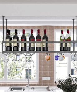 Casiers à vin au Plafond Porte-Verre à vin Suspendu Porte-Verres à Pied Porte-Bouteille de vin en métal Hauteur réglable Stockage de gobelets Étagère de décoration pour Bars, resta