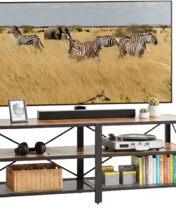 Meuble TV Relaxdays, 4 niches Ouvertes, jusqu'à 60 Pouces, H x L x P : 52 x 140 x 39 cm, Marron/Noir