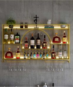 Étagère à Bouteilles en métal Étagères de Bar Étagère Murale pour Bouteilles d'alcool avec Support pour Verres à vin et Bandes Lumineuses LED Mini-Bar Flottant Armoire à Alcool Éta
