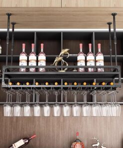 Étagère à vin de plafond avec perche, noire, étagères flottantes pour bar, étagère à vin inversée avec support pour verres à vin, pour décoration de bar, cuisine, étagère de rangement (dimen