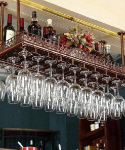 MObyat Casier à vin suspendu au plafond avec étagère en verre, casier à vin en métal, support de verre à vin suspendu, support de verres à pied au plafond, étagère murale pour bars, cuisi