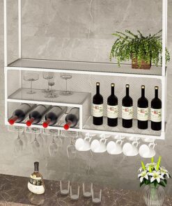 Casier à vin Suspendu avec Support en Verre et étagère, Support en Verre à vin en métal pour Bar de Plafond, Support Mural Industriel pour vin et Verre, Support pour Bouteille en f