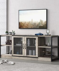 Amyove Meuble TV industriel en bois avec étagères de rangement, porte de grange en maille et cadre en métal robuste pour téléviseurs jusqu'à 70"