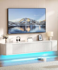 YITAHOME Meuble TV Flottant de 140 cm, étagères murales avec lumière LED RVB, Console multimédia TV Blanche Brillante, Grand Espace de Rangement pour Salon et Chambre à Coucher