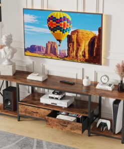 GYIIYUO Meuble TV avec tiroir en tissu – Centre de divertissement et table console TV industrielle avec étagères de rangement ouvertes pour salon, chambre à coucher – 140 cm, marron rustique